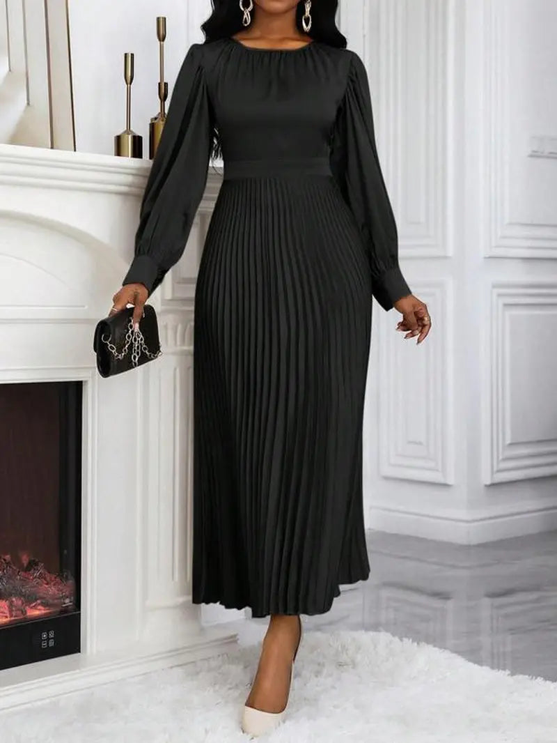 Women'S Plain Pleated Long Sleeve Dress, Elegant Long Dress for Spring & Fall, Women'S Clothing for Daily Wear, Classy Modest Formal Dresses, Womenswear, Modest Style Dress, Lady