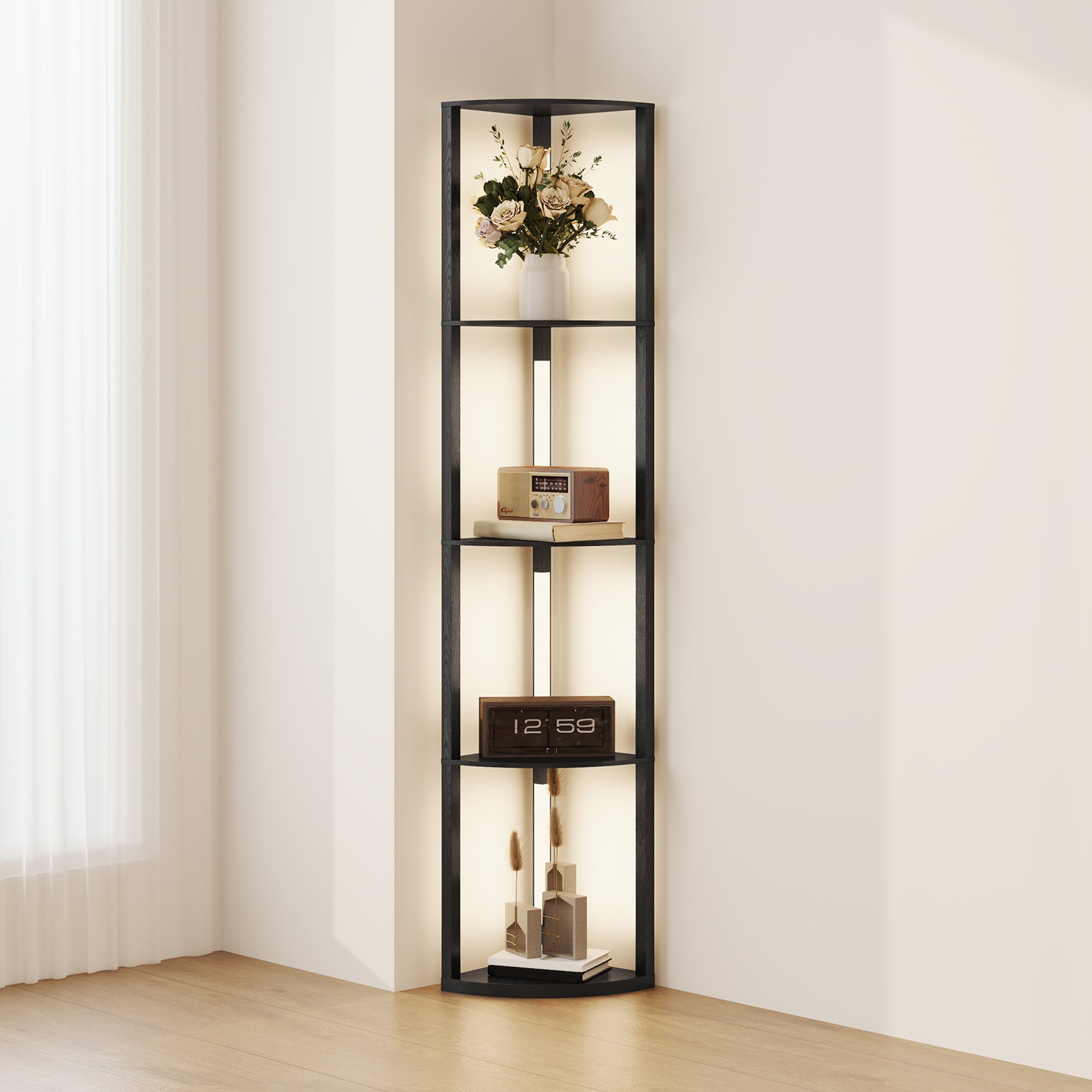 Corner Floor Lamp For Living Room Bedroom With Dimmable Warm White LED Light, Modern Tall Standing Lamp, Black