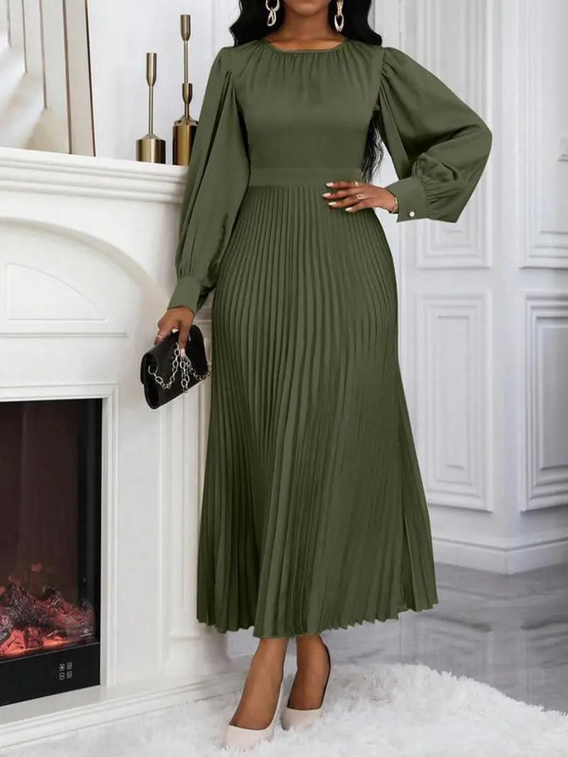 Women'S Plain Pleated Long Sleeve Dress, Elegant Long Dress for Spring & Fall, Women'S Clothing for Daily Wear, Classy Modest Formal Dresses, Womenswear, Modest Style Dress, Lady