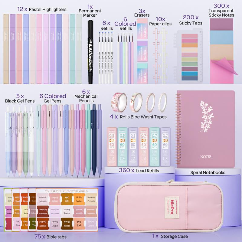 Nicpro 76PCS Bible Study Supplies Journaling Kit with Tabs, Notebook, Highlighter and Pen Case - Annotation Kit, Study Group Essentials Accessories Set for Women, Students, Beginner Christian Gifts
