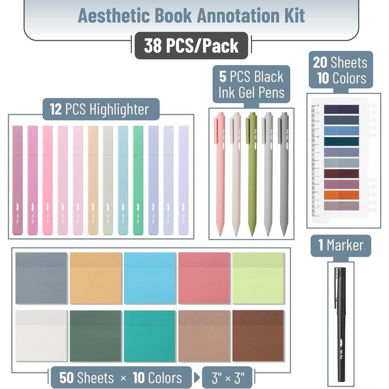 Mr. Pen Aesthetic Book Annotation Kit 38 Pcs Retractable Gel Pens & Vibrant Highlighters Office Supplies Birthday Gift, Back to School Supplies Student Essentials Learning Materials