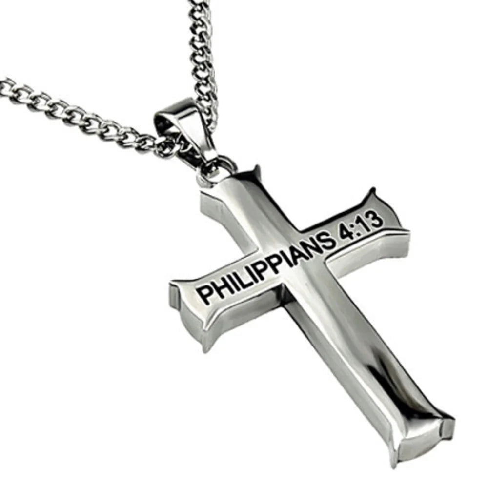 Philippians 4:13 Jewelry Cross Necklace STRENGTH Bible Verse Stainless Steel Curb Chain