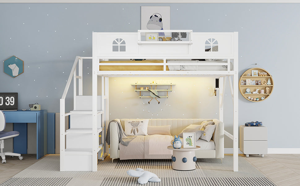 Full Size Metal Loft Bed with Stairs, House-Shaped Guardrails & Wardrobe Storage | High Loft Bed for Kids & Teens – White