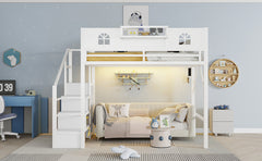 Full Size Metal Loft Bed with Stairs, House-Shaped Guardrails & Wardrobe Storage | High Loft Bed for Kids & Teens – White