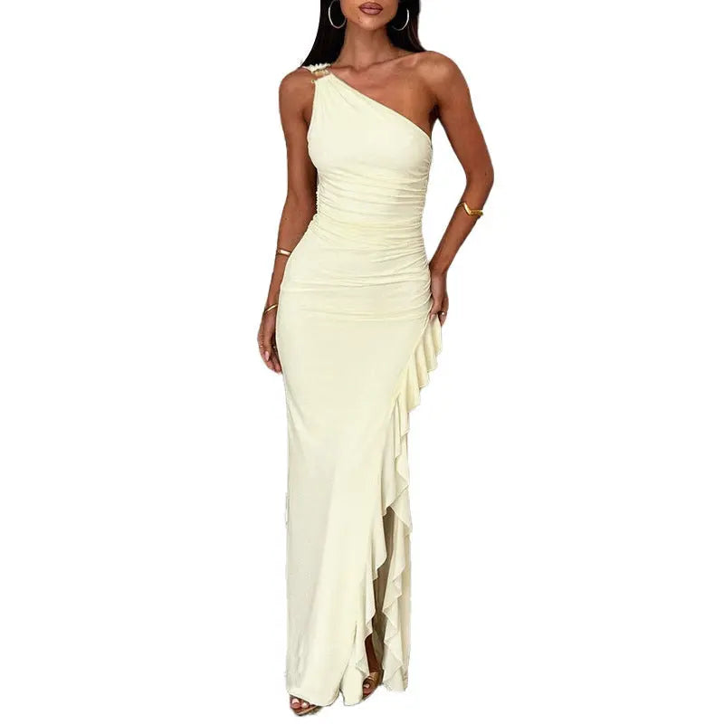 Women's Slant-Shoulder Ruffle-Front Split Dress Know You're Still Able