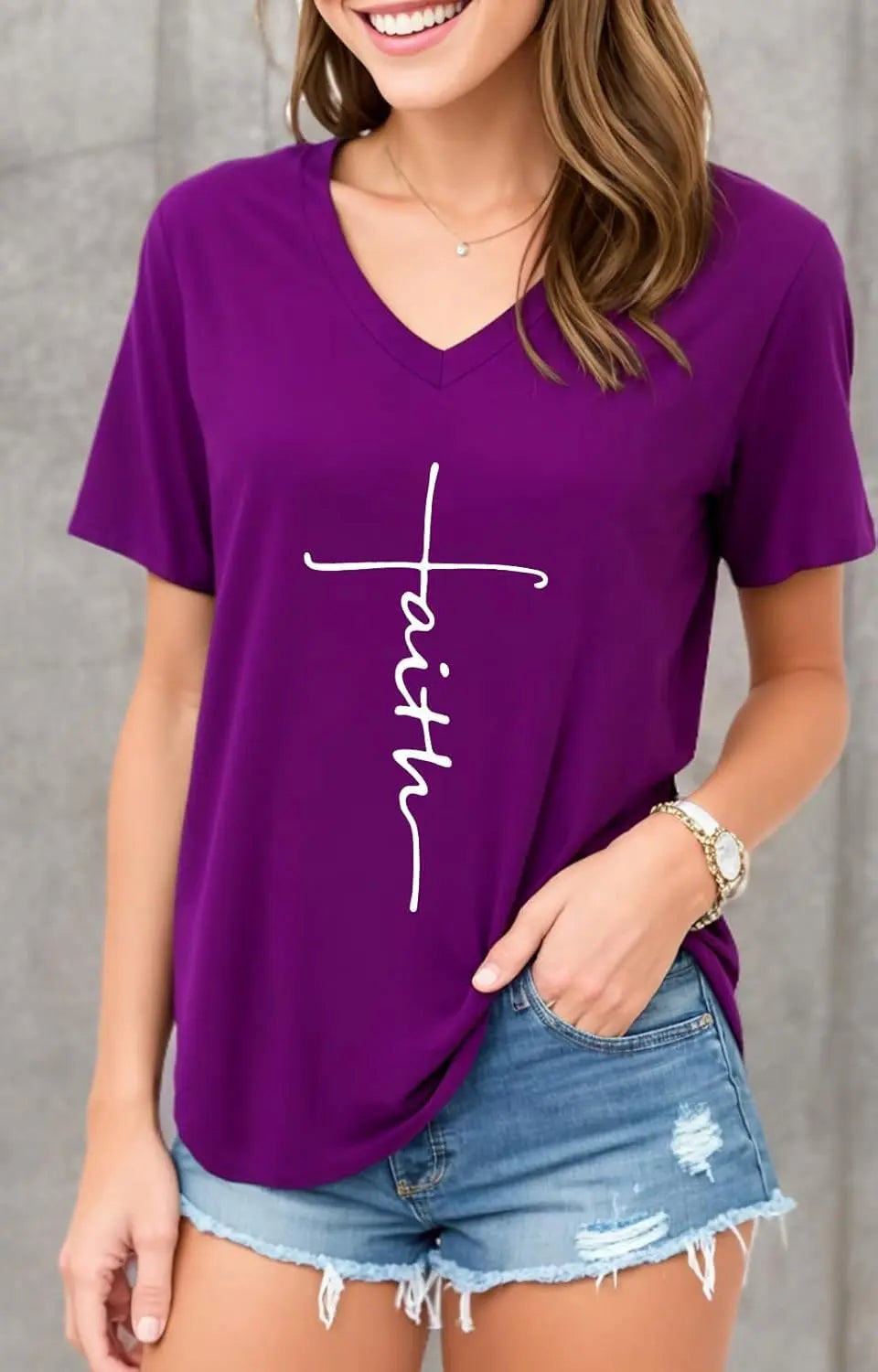 Mom's Care Women Cross Faith Printed V-Neck Tee