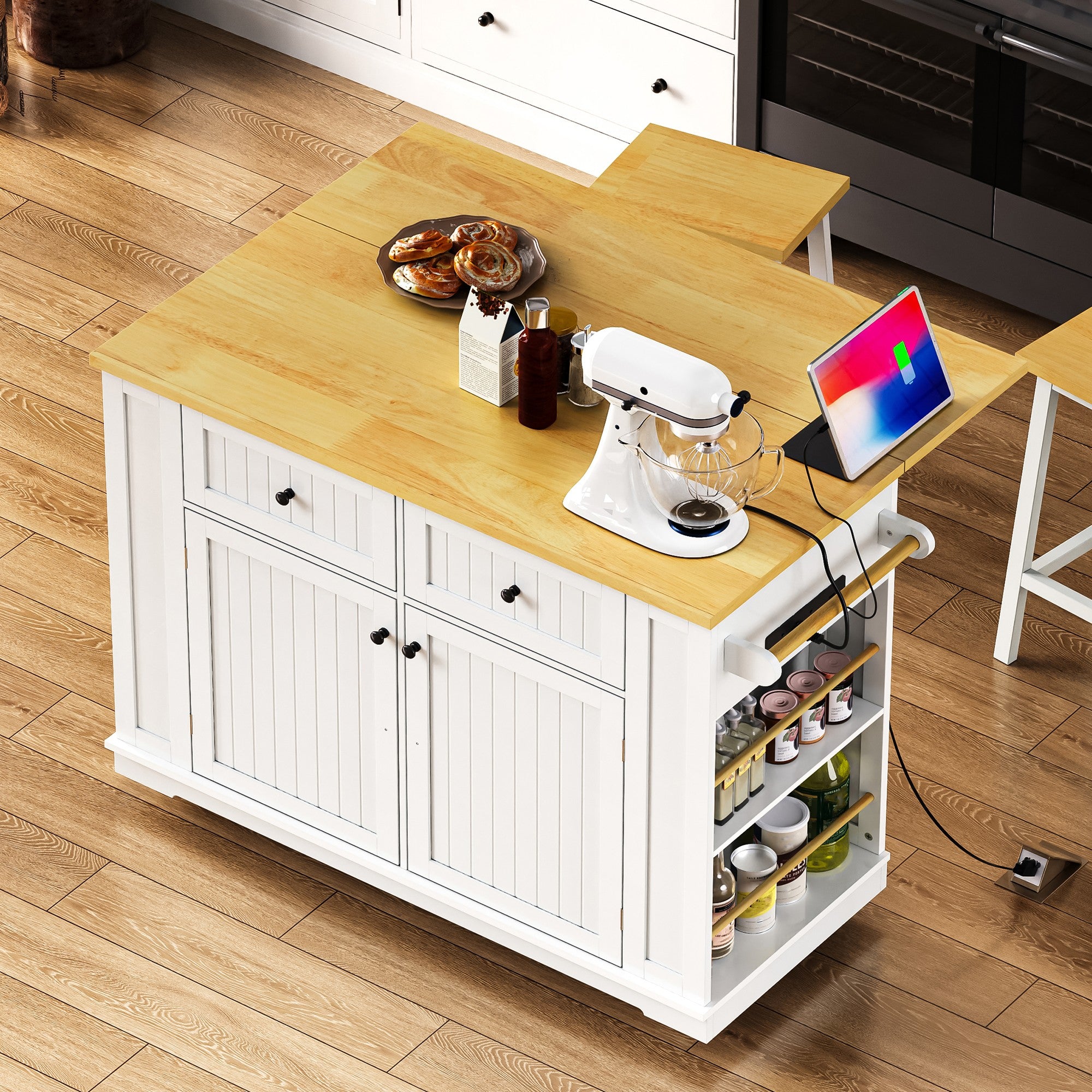48-Inch Rolling Kitchen Island Cart with Drop Leaf & Power Outlet – White Kitchen Storage Cabinet with 5 Wheels, Internal Rack & Open Side Shelves