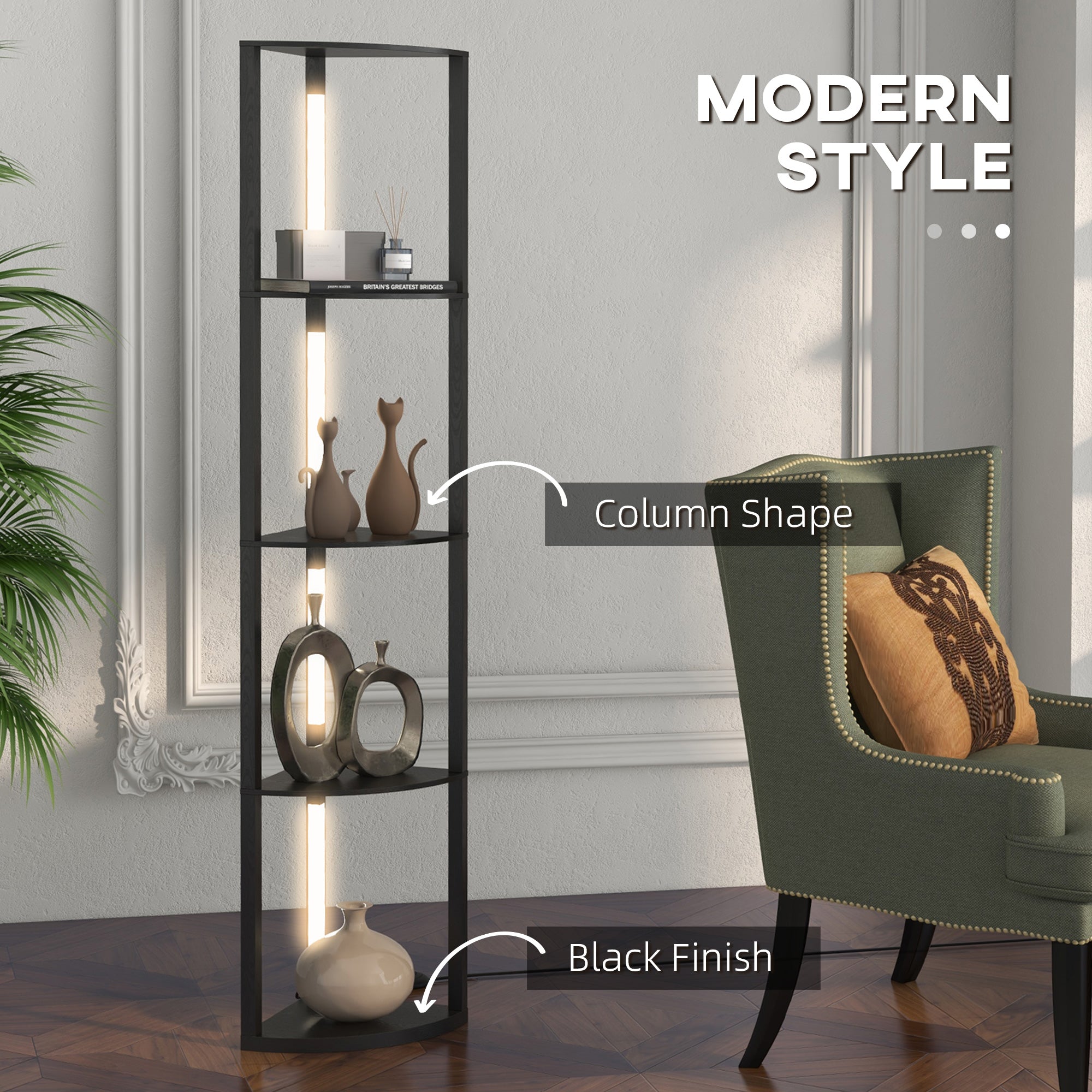 Corner Floor Lamp For Living Room Bedroom With Dimmable Warm White LED Light, Modern Tall Standing Lamp, Black