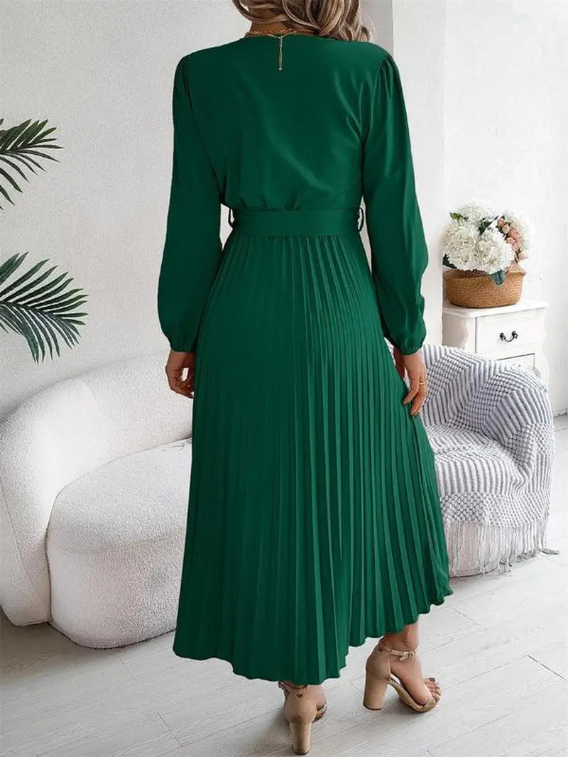 Women'S Plain Pleated Belted Button a Line Dress, Modest Style Dress, Casual Bishop Sleeve V Neck Long Dress for Spring & Fall, Women'S Clothing for Daily Wear