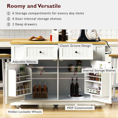 48-Inch Rolling Kitchen Island Cart with Drop Leaf & Power Outlet – White Kitchen Storage Cabinet with 5 Wheels, Internal Rack & Open Side Shelves