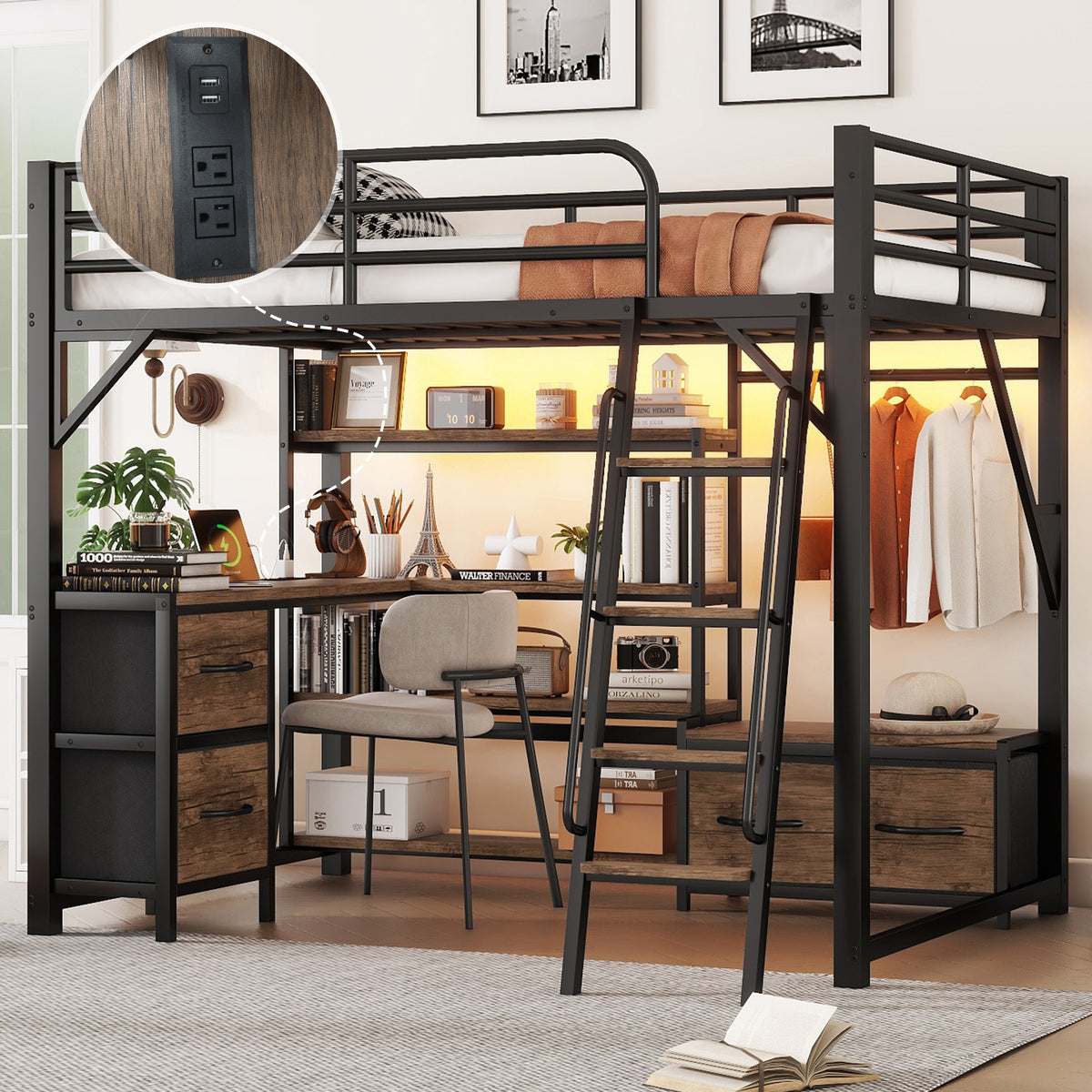 Full Size Metal Loft Bed with Desk, Wardrobe & Storage Shelves – Space-Saving Bunk Bed with Integrated Study Area, Drawers & LED Light for Boys & Girls (SKU: W2593S00032)