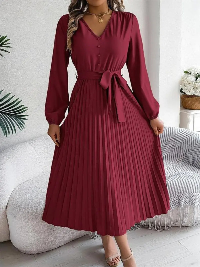 Women'S Plain Pleated Belted Button a Line Dress, Modest Style Dress, Casual Bishop Sleeve V Neck Long Dress for Spring & Fall, Women'S Clothing for Daily Wear