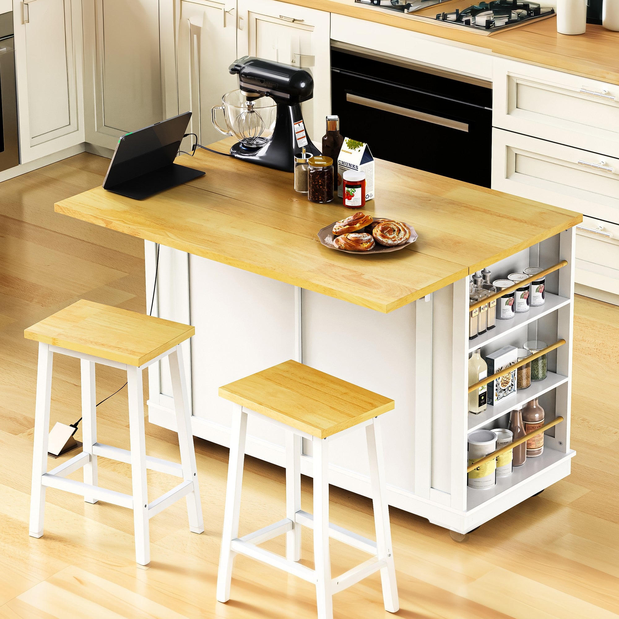 48-Inch Rolling Kitchen Island Cart with Drop Leaf & Power Outlet – White Kitchen Storage Cabinet with 5 Wheels, Internal Rack & Open Side Shelves