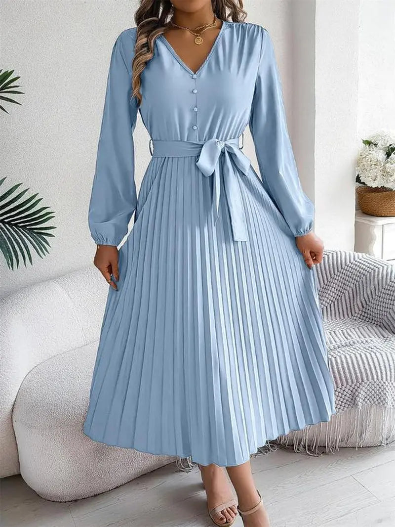 Women'S Plain Pleated Belted Button a Line Dress, Modest Style Dress, Casual Bishop Sleeve V Neck Long Dress for Spring & Fall, Women'S Clothing for Daily Wear