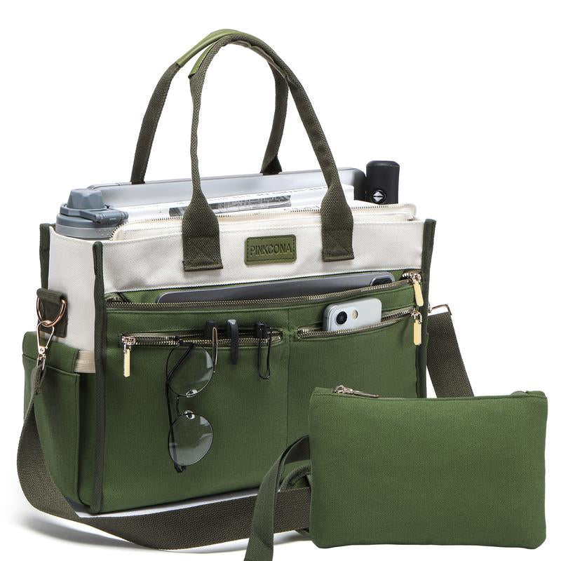 2Pcs/Set Large Canvas Tote Bag for Women, 14 Pockets Zipper Closure & Individual Compartments, Laptop Work Bag, Crossbody Shoulder Bag Purse, Suitable for Teacher, Nurse, College , Travel, Shop, Gym and Daily Use Plain Aesthetic Handbag