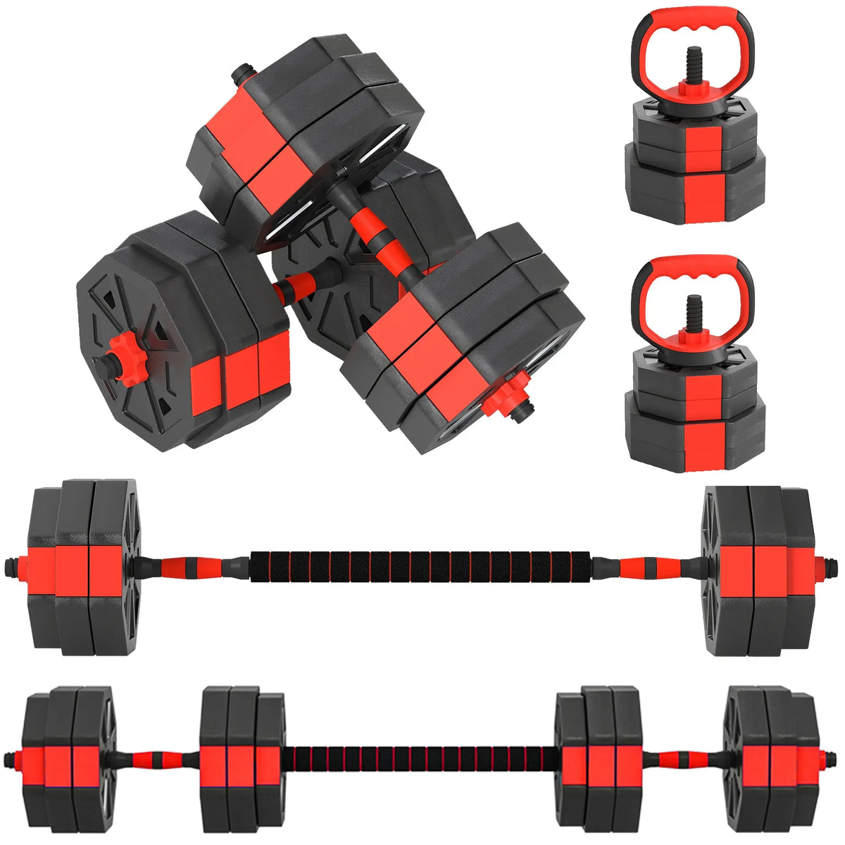 SPORTNOW 4-in-1 Adjustable Weight Dumbbells Set, Used As Kettlebell, Barbell, Dumbbell, Push-Up Stand, 30kg Free Weights Set For Men And Women Home Gym Training, Red Know You're Still Able