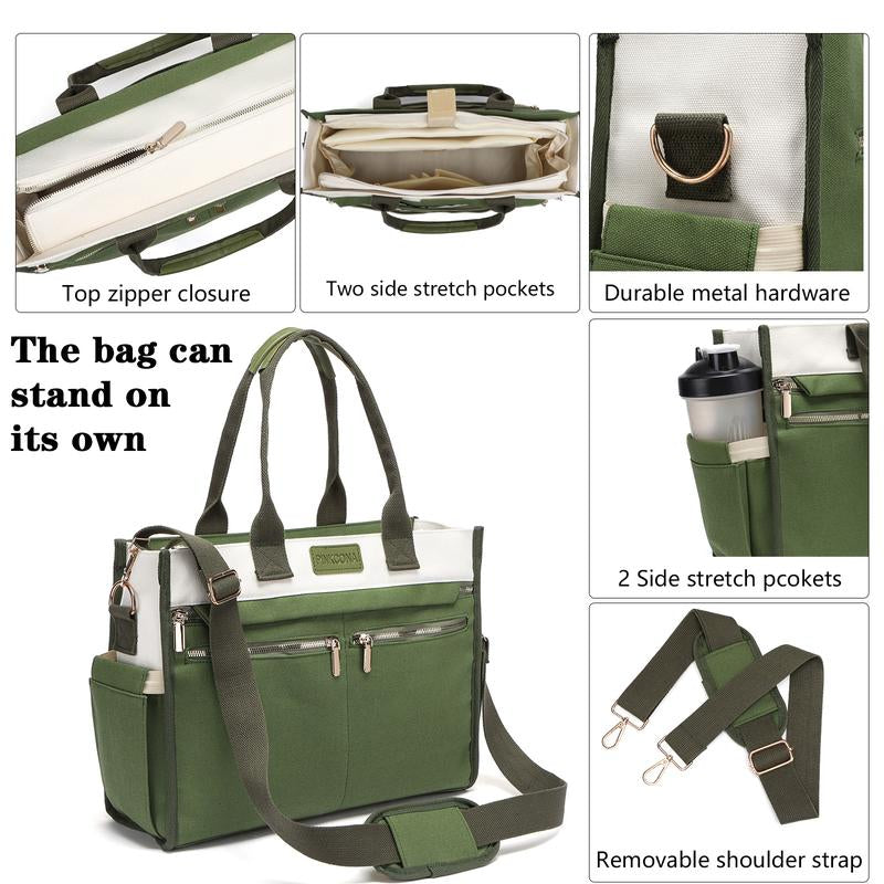 2Pcs/Set Large Canvas Tote Bag for Women, 14 Pockets Zipper Closure & Individual Compartments, Laptop Work Bag, Crossbody Shoulder Bag Purse, Suitable for Teacher, Nurse, College , Travel, Shop, Gym and Daily Use Plain Aesthetic Handbag