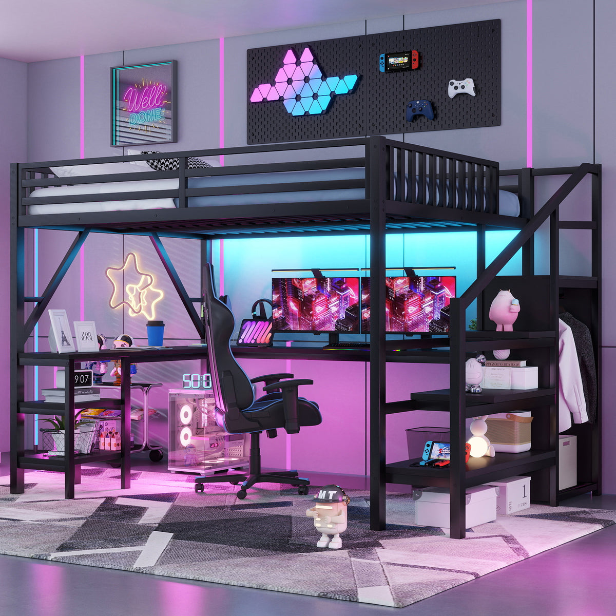 Metal Queen Loft Bed with Wardrobe, LED Light, L-Shaped Desk & USB Charging – Space Saving Queen Size Loft Bed for Kids, Teens & Adults (Black)