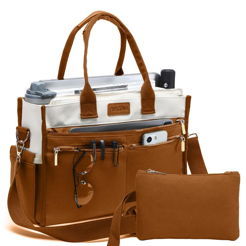 2Pcs/Set Large Canvas Tote Bag for Women, 14 Pockets Zipper Closure & Individual Compartments, Laptop Work Bag, Crossbody Shoulder Bag Purse, Suitable for Teacher, Nurse, College , Travel, Shop, Gym and Daily Use Plain Aesthetic Handbag