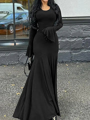 Women’s Lace-Up Maxi Dress | Plain Long Sleeve Flounce Sleeve Casual Round Neck Dress for Everyday & Special Occasions Know You're Still Able