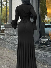 Women’s Lace-Up Maxi Dress | Plain Long Sleeve Flounce Sleeve Casual Round Neck Dress for Everyday & Special Occasions Know You're Still Able