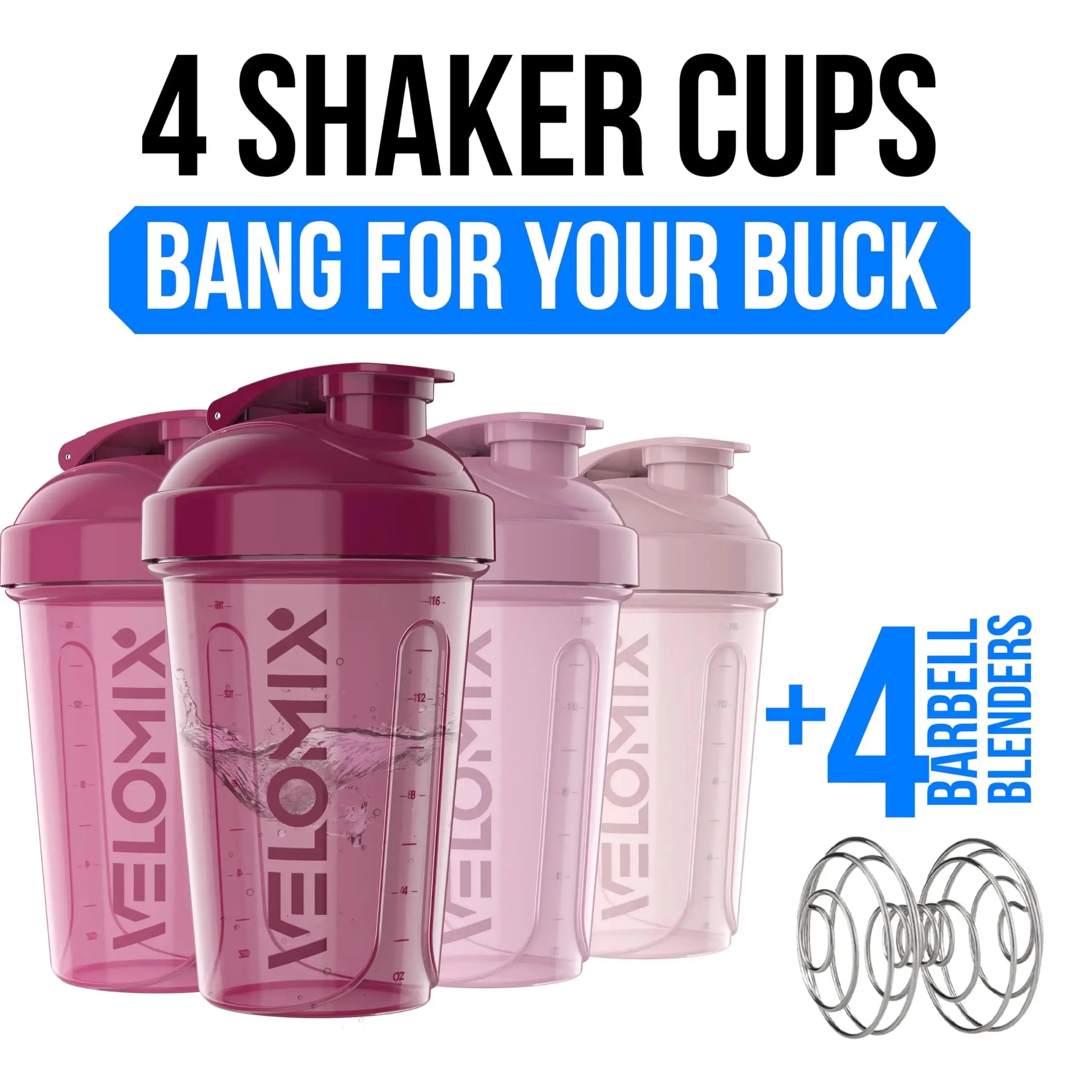 Velomix Berry Blend Protein Shaker Bottles 20 Oz 4 Pack Leak-Proof Bpa-Free Dishwasher Safe for Mixes and Shakes with Secure Twist Lid and Removable Whisk Ball Know You're Still Able