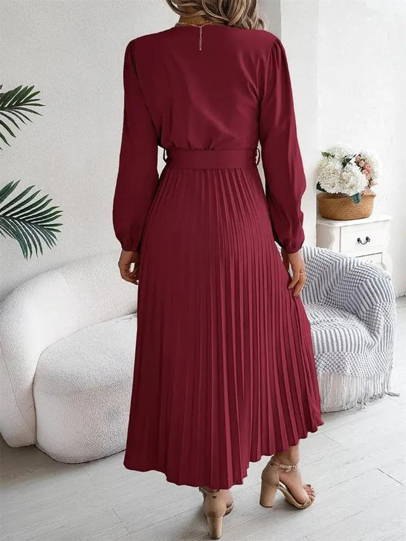 Women'S Plain Pleated Belted Button a Line Dress, Modest Style Dress, Casual Bishop Sleeve V Neck Long Dress for Spring & Fall, Women'S Clothing for Daily Wear
