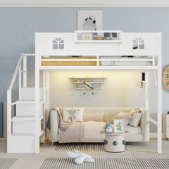 Full Size Metal Loft Bed with Stairs, House-Shaped Guardrails & Wardrobe Storage | High Loft Bed for Kids & Teens – White