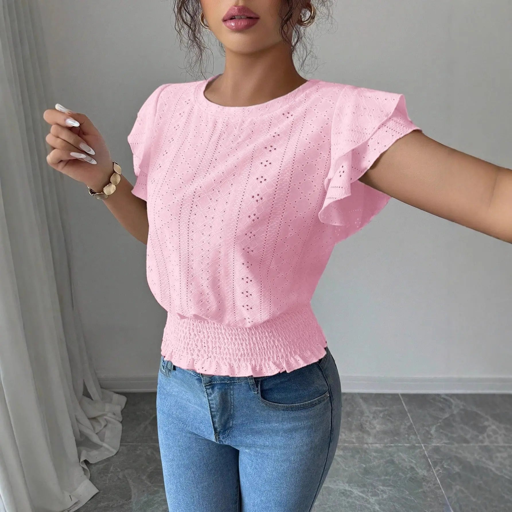 Jacquard Solid-color Crewneck Ruched Batwing-sleeve Short-sleeve Shirt Know You're Still Able