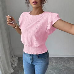 Jacquard Solid-color Crewneck Ruched Batwing-sleeve Short-sleeve Shirt Know You're Still Able