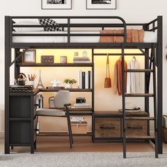 Full Size Metal Loft Bed with Desk, Wardrobe & Storage Shelves – Space-Saving Bunk Bed with Integrated Study Area, Drawers & LED Light for Boys & Girls (SKU: W2593S00032)
