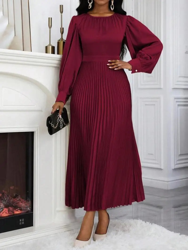 Women'S Plain Pleated Long Sleeve Dress, Elegant Long Dress for Spring & Fall, Women'S Clothing for Daily Wear, Classy Modest Formal Dresses, Womenswear, Modest Style Dress, Lady