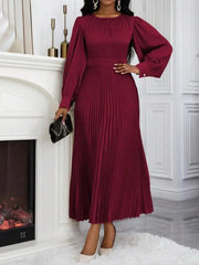 Women'S Plain Pleated Long Sleeve Dress, Elegant Long Dress for Spring & Fall, Women'S Clothing for Daily Wear, Classy Modest Formal Dresses, Womenswear, Modest Style Dress, Lady