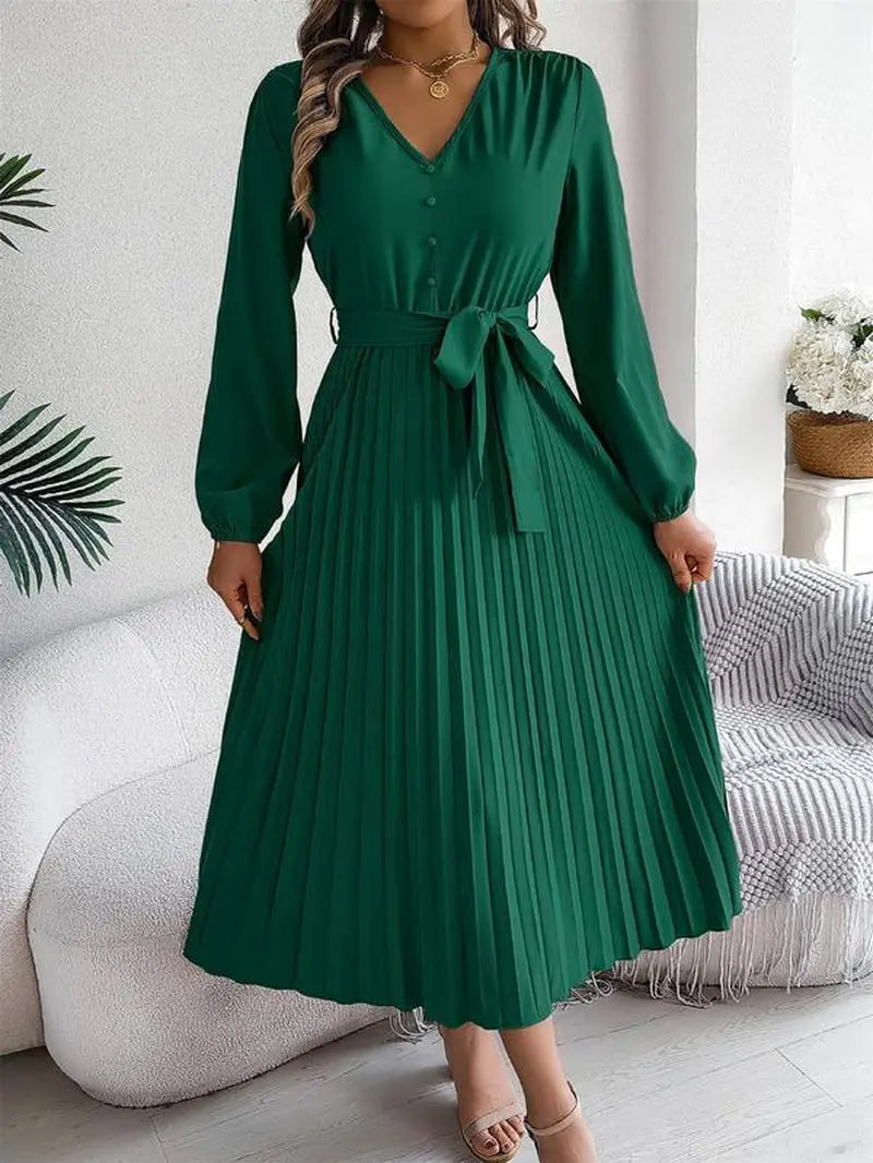 Women'S Plain Pleated Belted Button a Line Dress, Modest Style Dress, Casual Bishop Sleeve V Neck Long Dress for Spring & Fall, Women'S Clothing for Daily Wear