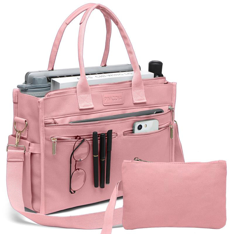 2Pcs/Set Large Canvas Tote Bag for Women, 14 Pockets Zipper Closure & Individual Compartments, Laptop Work Bag, Crossbody Shoulder Bag Purse, Suitable for Teacher, Nurse, College , Travel, Shop, Gym and Daily Use Plain Aesthetic Handbag