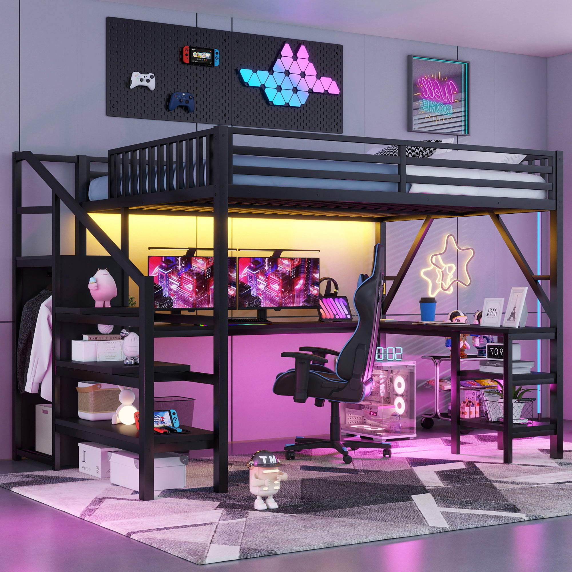 Metal Queen Loft Bed with Wardrobe, LED Light, L-Shaped Desk & USB Charging – Space Saving Queen Size Loft Bed for Kids, Teens & Adults (Black)