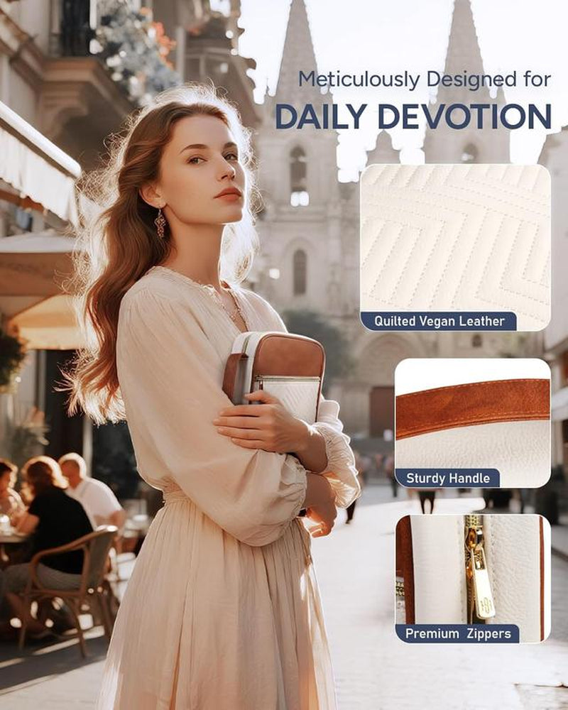 Quilted Vegan Leather Bible Cover, Color-Blocked Bible Cover Case for Women, Large Carrying Case with Handle, Study Supplies & Christian Gift for Women