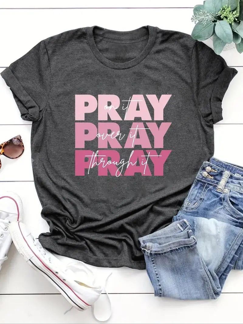 Women’s PRAY Letter Print T-Shirt – Christian Faith Graphic Tee, Round Neck Short Sleeve Casual Women’s Top Know You're Still Able