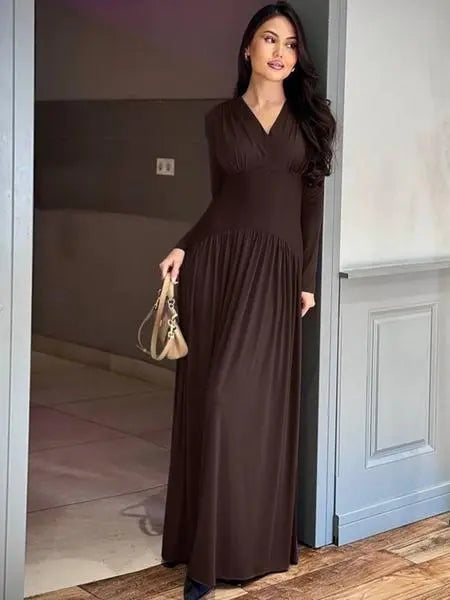 Women’s Modest Muslim Maxi Dress – Elegant V-Neck Padded Shoulder Long Sleeve Abaya | Plain Slim-Fit Islamic Evening & Casual Dress Know You're Still Able