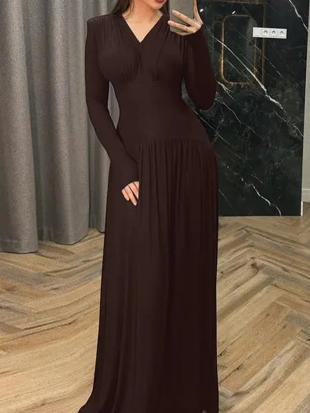 Women’s Modest Muslim Maxi Dress – Elegant V-Neck Padded Shoulder Long Sleeve Abaya | Plain Slim-Fit Islamic Evening & Casual Dress Know You're Still Able