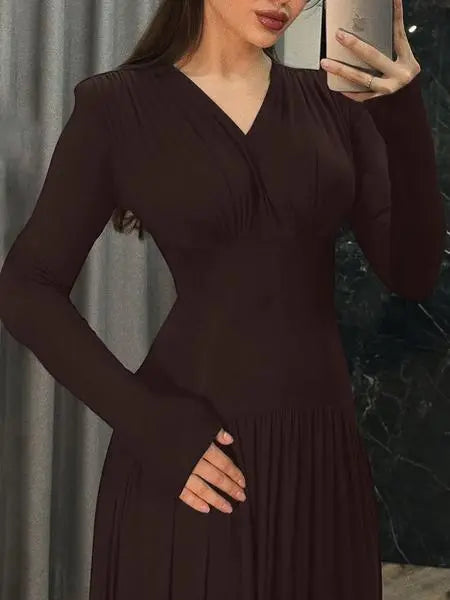 Women’s Modest Muslim Maxi Dress – Elegant V-Neck Padded Shoulder Long Sleeve Abaya | Plain Slim-Fit Islamic Evening & Casual Dress Know You're Still Able