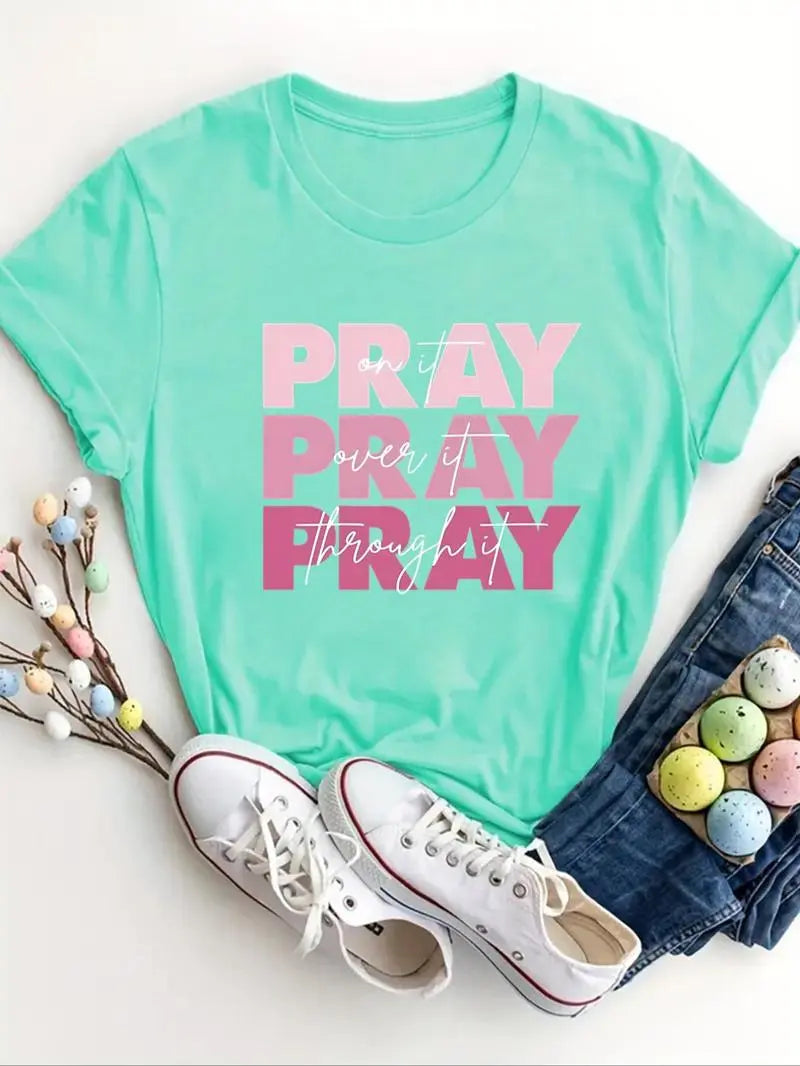 Women’s PRAY Letter Print T-Shirt – Christian Faith Graphic Tee, Round Neck Short Sleeve Casual Women’s Top Know You're Still Able