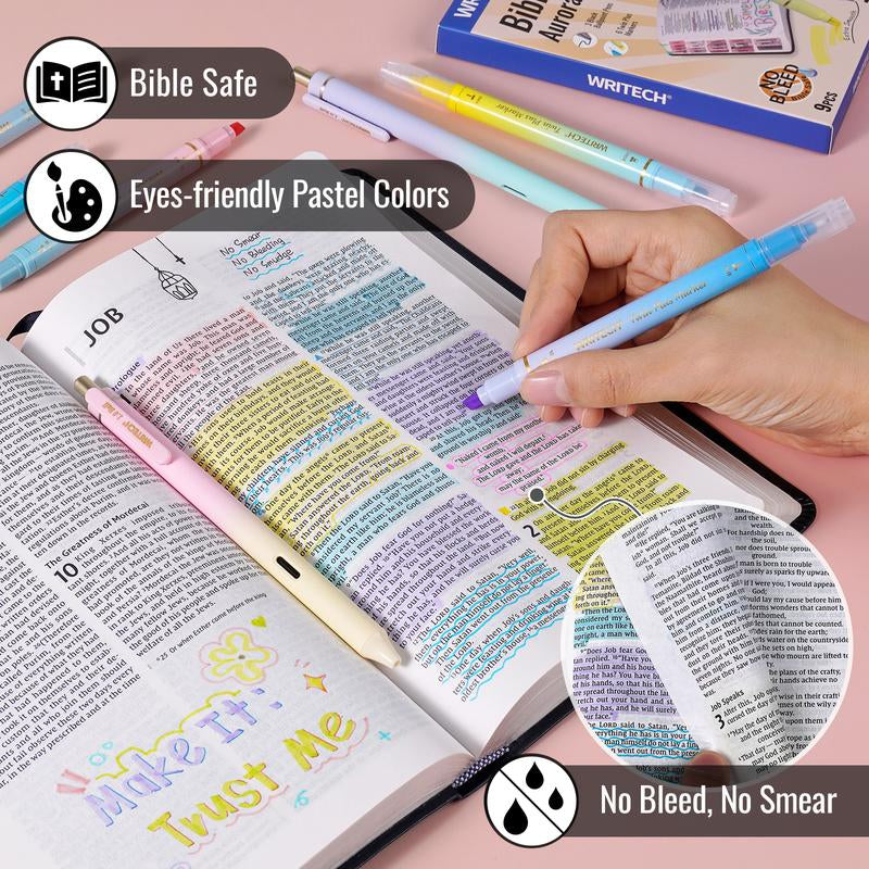 WRITECH Bible Mate Journaling Set: 1.0 Mm Black Ballpoint Pens, Bible Safe Dual Tip Highlighters, 9Ct Pastel Colors, Ideal for Bible Writing