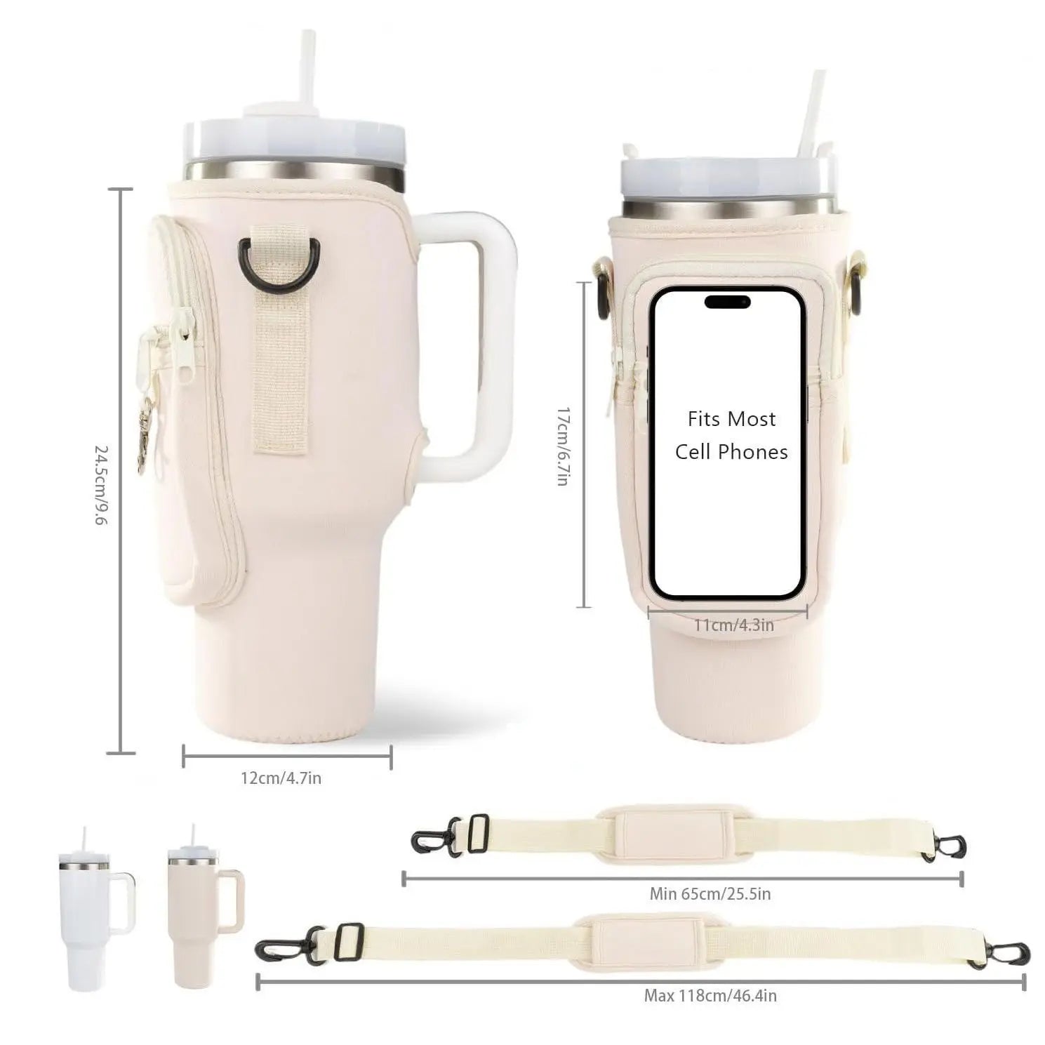 Water Bottle Carrier Bag with Shoulder Strap, Drink Carrier, Multi-Pocket Tumbler Holder Fit for 30–40Oz Tumblers, Large Capacity Storage for Phone, Cards, Keys and Cash, Durable Portable Cup Sleeve for Walking, Travel, Gym and Daily Use