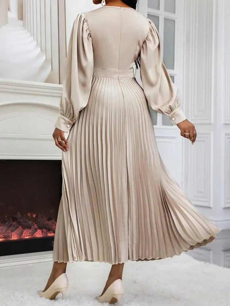 Women'S Plain Pleated Long Sleeve Dress, Elegant Long Dress for Spring & Fall, Women'S Clothing for Daily Wear, Classy Modest Formal Dresses, Womenswear, Modest Style Dress, Lady