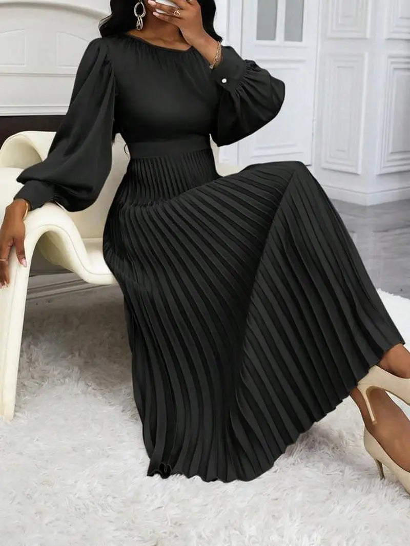 Women'S Plain Pleated Long Sleeve Dress, Elegant Long Dress for Spring & Fall, Women'S Clothing for Daily Wear, Classy Modest Formal Dresses, Womenswear, Modest Style Dress, Lady
