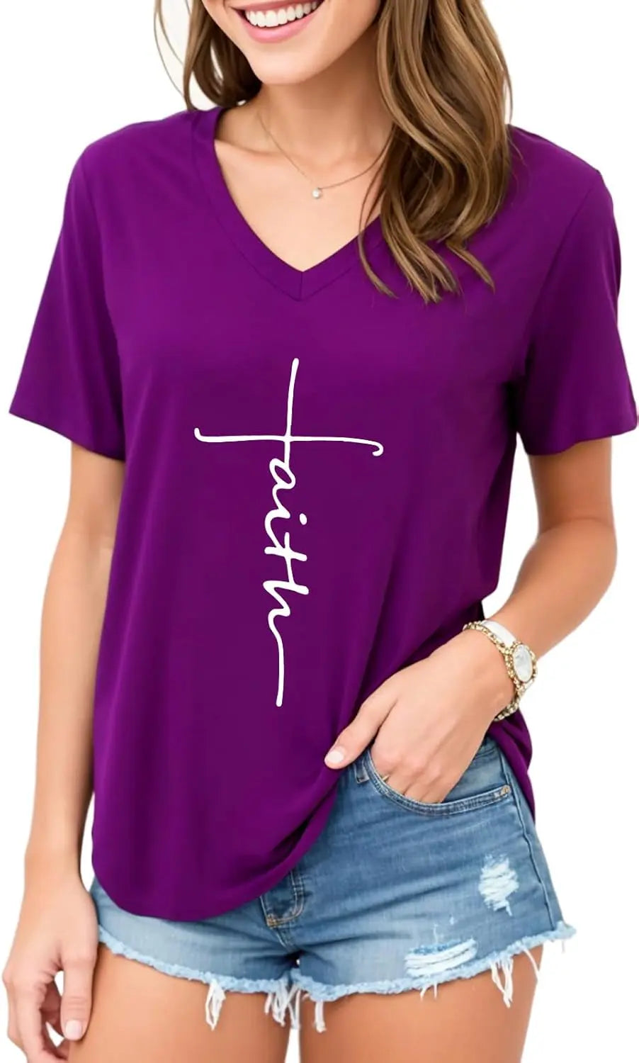 Mom's Care Women Cross Faith Printed V-Neck Tee