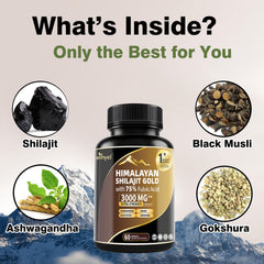 Shilajit Capsules, Ashwagandha, Gokshura, 85 Trace Minerals, High Potency Gold Grade Himalayan Shilajit Supplements, 60 Capsules For Women And Men