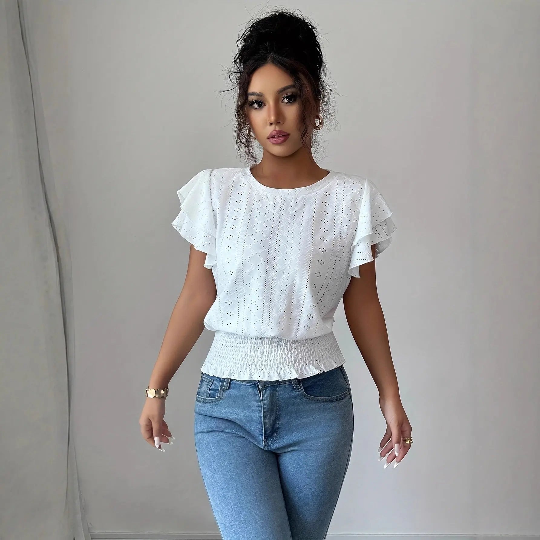 Jacquard Solid-color Crewneck Ruched Batwing-sleeve Short-sleeve Shirt Know You're Still Able