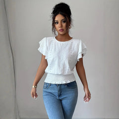 Jacquard Solid-color Crewneck Ruched Batwing-sleeve Short-sleeve Shirt Know You're Still Able